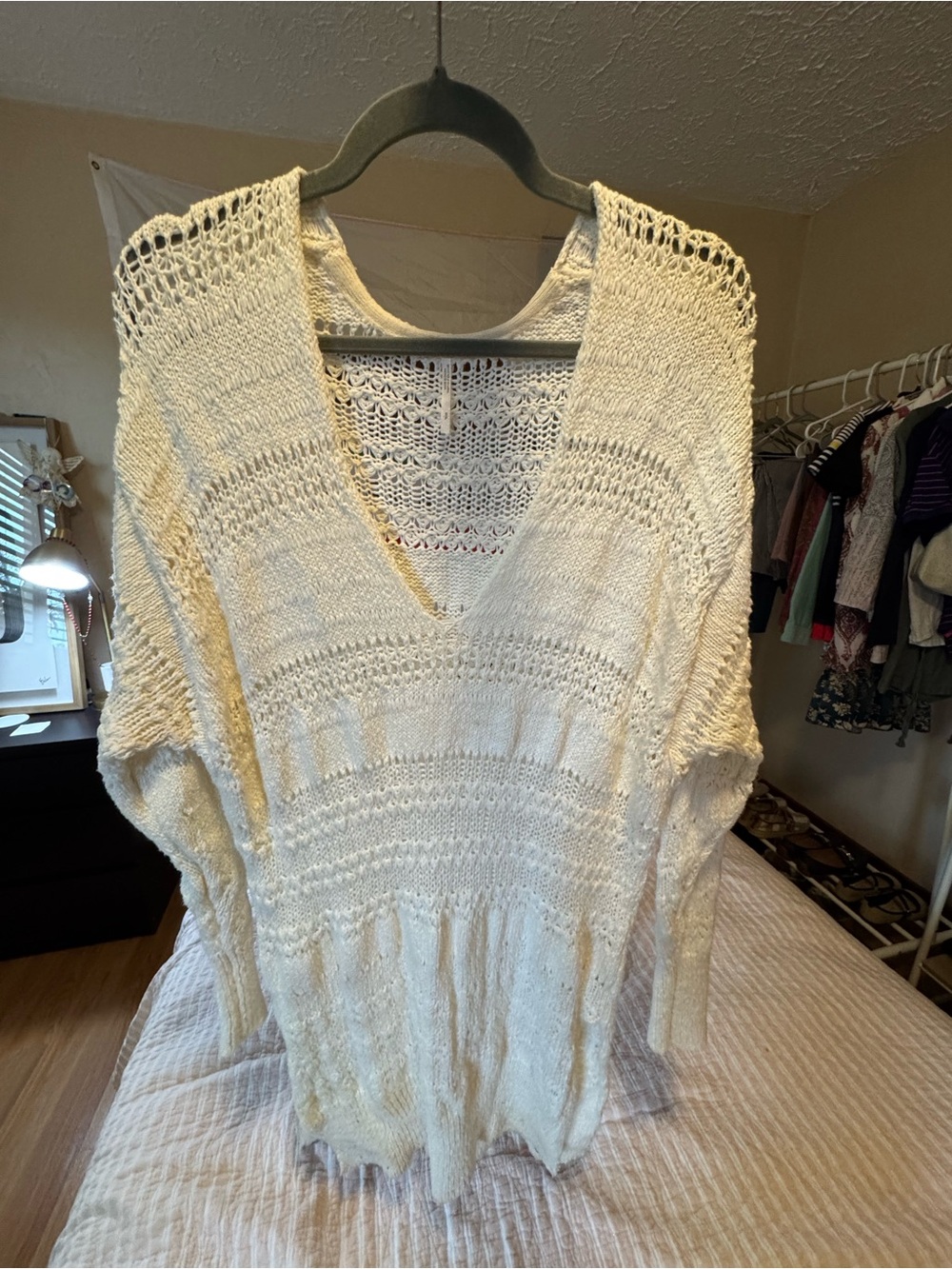 Free People Cream Open-Knit V-Neck Women’s Sweater